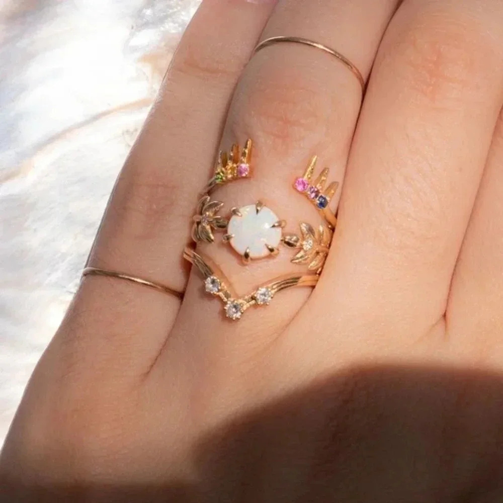 🌸 Dainty Opal CZ Gold Plated Beautiful Fashion Leaf Trendy Ring UNVN12038 - Picture 2 of 5